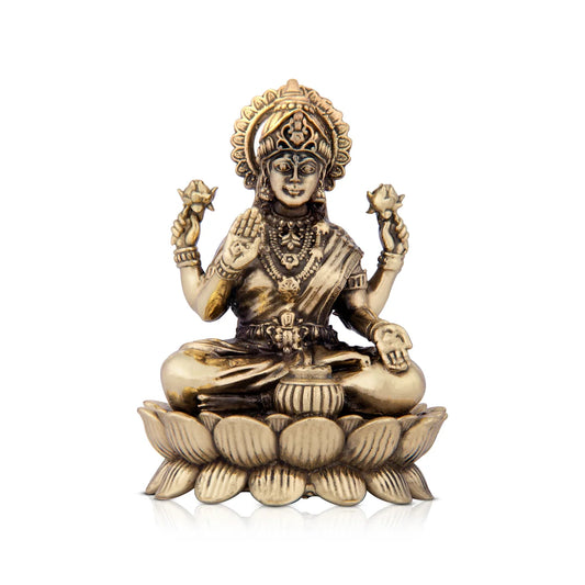 Laxmi Devi Statue - 4 x 2.75 Inches | Lakshmi Statue Sitting On Lotus/ Brass Idol/ Maha Laxmi Idol for Pooja/ 240 Gms Approx - Brass Murties
