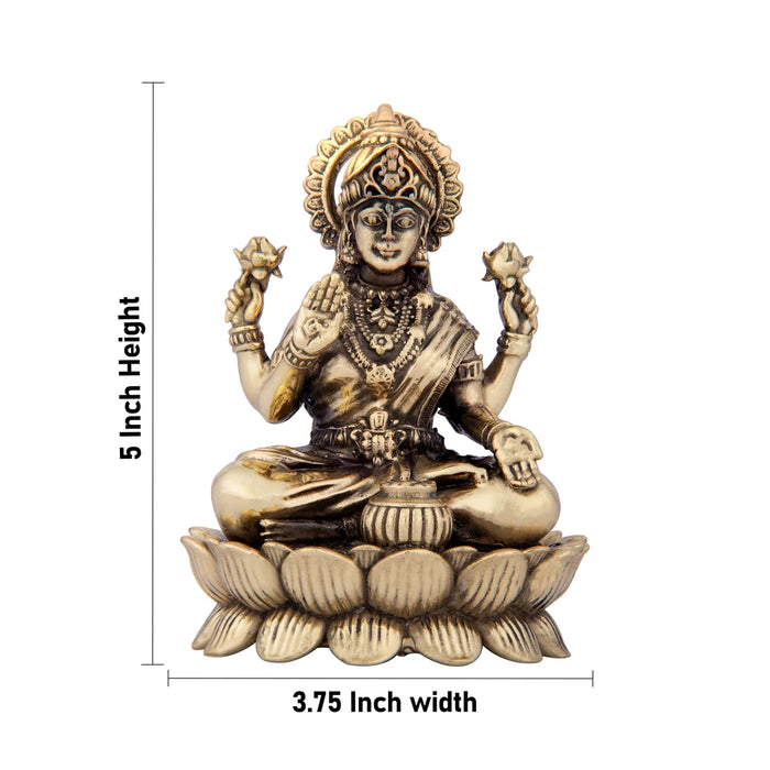 Laxmi Devi Statue - 5 x 3.75 Inches | Brass Idol/ Lakshmi Statue Sitting On Lotus/ 400 Gms Approx