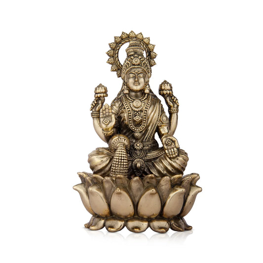 Laxmi Statue - 6 x 4 Inches | Lakshmi Statue Sitting On Lotus/ Brass Idol for Pooja/ 565 Gms Approx - Brass Murties