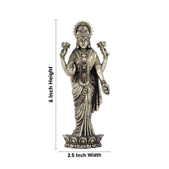 Laxmi Statue - 6 x 2.5 Inches | Lakshmi Statue Standing On Lotus/ Brass Idol for Pooja/ 195 Gms Approx