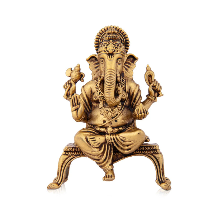 Ganesh Statue Sitting On Chowki - 2.25 x 1.75 Inches | Brass Vinayaka Idol / Ganesh Idol for Pooja/ 65 Gms Approx