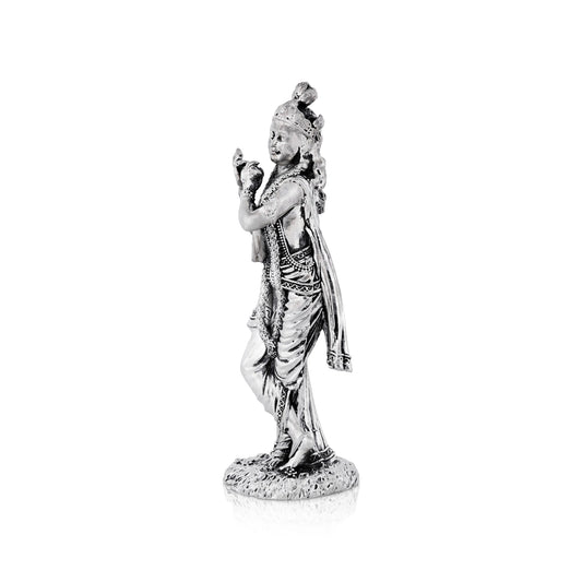 Flute Krishna Murti Standing On Base - 5.75 x 1.5 Inches | German Silver&Antique Polish Krishna Idol for Worship - German Silver Murties