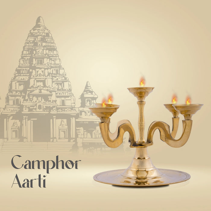 Brass Aarti - 5 x 6 Inches | 5 Branch Camphor Aarti with Handle/ Aarti Kapoor for Pooja/ 40 Gms Approx