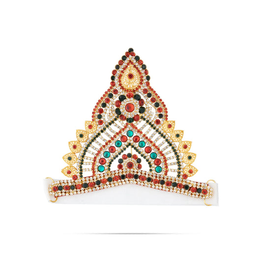 Half Stone Crown - 5 X 6.5 Inches | Multicolour Stone Kireedam/ Velcro Type Kiridam/ Mukut For Deity Decor - Head & Face Accessories