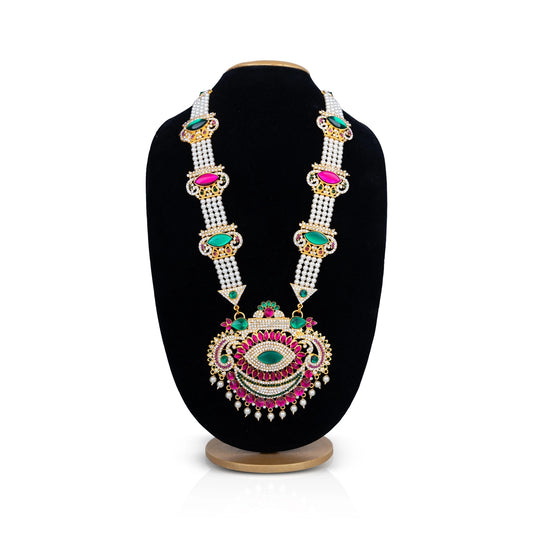 4 Line Moti Mala With Multicolour Stone Pendant - 16 Inches | White Pearl Mala/ Artificial Jewelry for Deity - Neck & Body Accessories