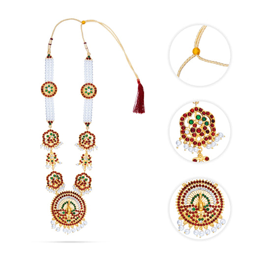 Kemp Moti Haram - 12 Inches | 3 Line Long Moti Necklace/ Multi Coloured Stone Jewellery for Dance - Bharatanatyam Jewellery