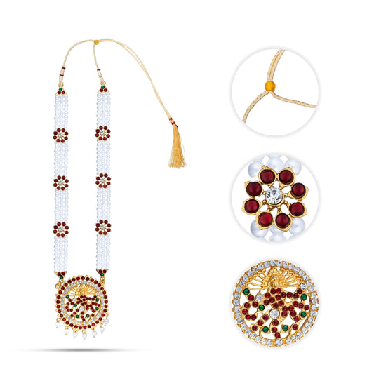 Kemp Moti Haram - 12 Inches | 3 Line Long Moti Necklace/ Multi Coloured Stone Jewellery for Dance - Bharatanatyam Jewellery