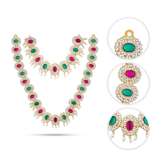 Stone Haram & Stone Necklace Set - 12 Inches | Multi Coloured Stone Jewellery for Deity Decor - Neck & Body Accessories