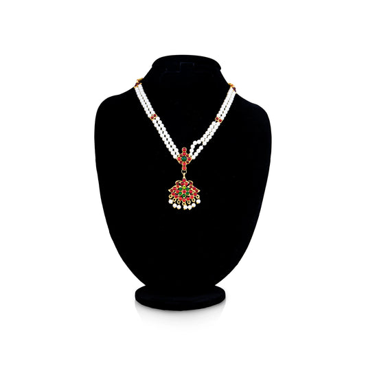 Kemp Moti Mala - 6 x 5 Inches | Bharatanatyam Jewellery/ Stone Necklace/ Artificial Jewelry for Women - Bharatanatyam Jewellery