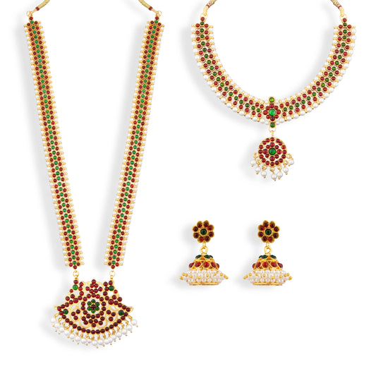 Kemp Stone Haram & Stone Necklace & Stone Earring Set | Beads With Stone Jewellery/ Dance Jewelry for Women - Bharatanatyam Jewellery