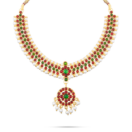 Kemp Stone Haram & Stone Necklace & Stone Earring Set | Beads With Stone Jewellery/ Dance Jewelry for Women - Bharatanatyam Jewellery