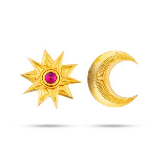 Sun And Moon Pair - 2.25 x 2 Inch | Hair Accessories/ Gold Polish & Single Stone Jewellery/ Sun Moon for Deity - Head & Face Accessories