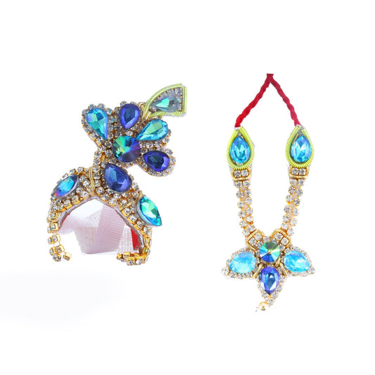Stone Necklace & Stone Mukut Set - 2.5 x 2 Inches | Stone Mala with Kireedam/ Multicolour Stone Jewellery for Deity - Deity Jewellery & Vastra Sets