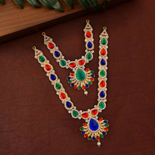 Stone Haram & Stone Necklace - 12 x 5 Inches | Multicolour Stone Jewelry/ Jewellery for Deity - Neck & Body Accessories