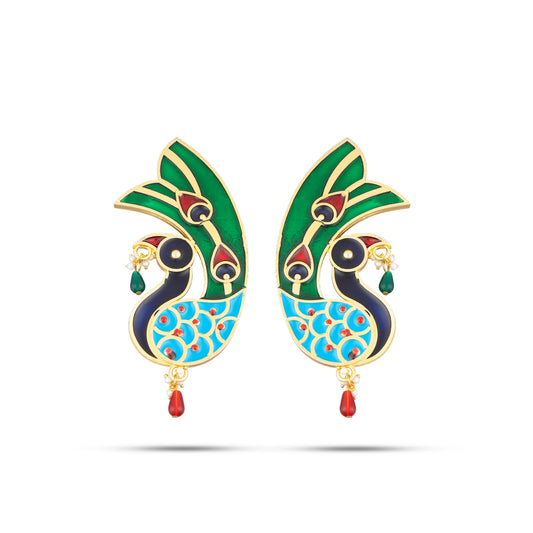 Stone Earring Pair - 2.5 x 1 Inches | Peacock Design Stud Earring/ Mayurakrit Kundal Karnapathiram for Deity - Head & Face Accessories