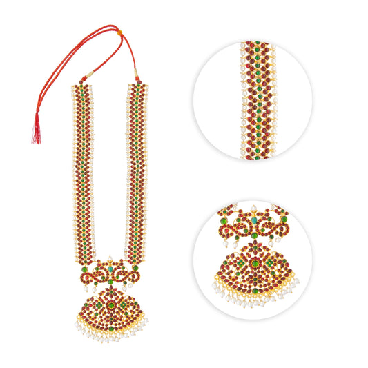 Kemp Stone Haram - 12.5 Inches | Long Multi Colour Stone Necklace/ Kemp Jewellery for Dance - Bharatanatyam Jewellery