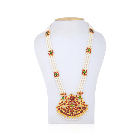 Kemp Moti Haram - 11.5 Inches | 3 Line Long Necklace/ Moti Jewellery for Dance - Bharatanatyam Jewellery