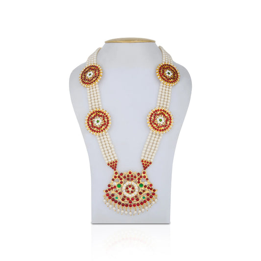 Kemp Moti Haram - 13 Inches | Long 4 Line Moti Necklace/ Moti Jewellery for Dance - Bharatanatyam Jewellery