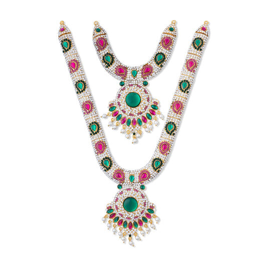 Stone Necklace & Stone Haram Pair - 12 Inches | Artificial Jewelry/ Stone Jewellery For Deity Decor - Neck & Body Accessories