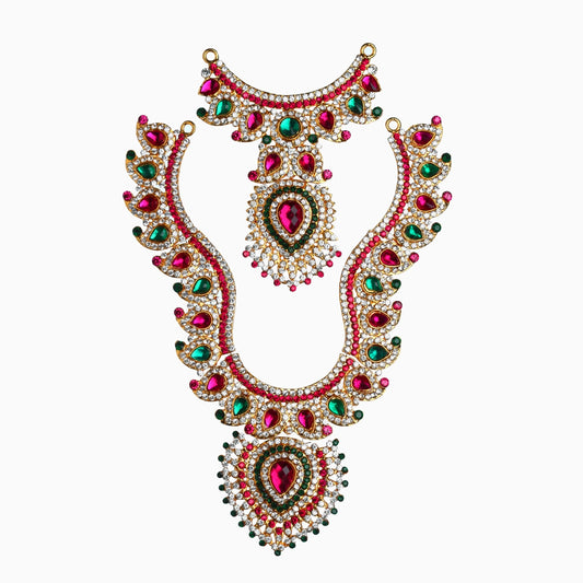 Stone Haram and Necklace Set - 8 x 5 Inches | Haram Necklace Set/ Multicolour Stone Jewelry/ Jewellery for Deity - Neck & Body Accessories