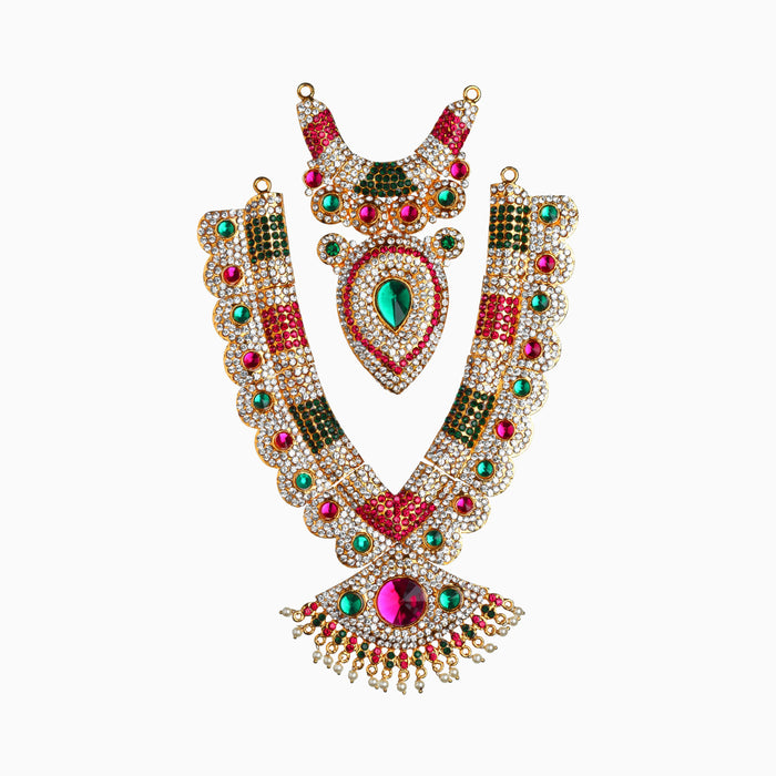 Stone Haram and Necklace Set - 5 x 8 Inches | Haram Necklace Set/ Multicolour Stone Jewelry/ Jewellery for Deity