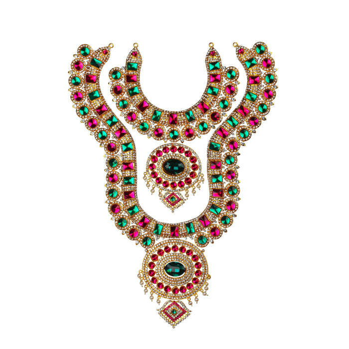 Stone Haram and Necklace Set - 16 x 10 Inches | Haram Necklace Set/ Multicolour Stone Jewelry/ Jewellery for Deity