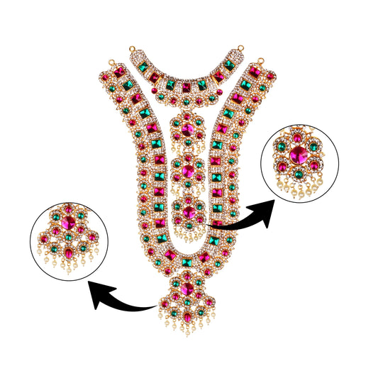 Stone Haram & Stone Necklace Set - 12 x 8 Inches | Multicolour Stone Jewelry/ Jewellery for Deity - Neck & Body Accessories