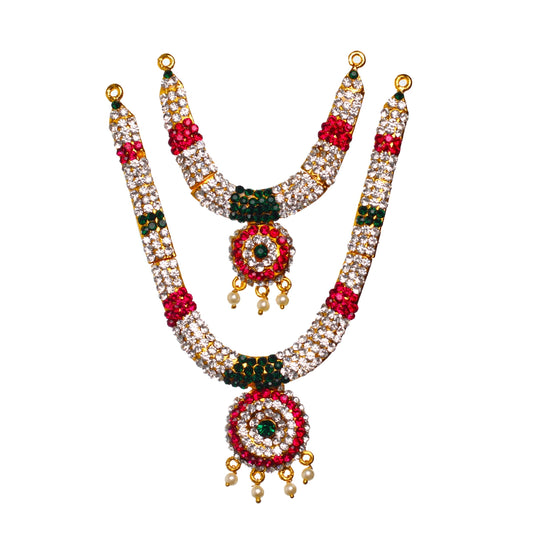 Stone Haram & Stone Necklace Set - 5 x 1 Inches | Haram Necklace Set/ Multicolour Stone Jewelry for Deity - Neck & Body Accessories