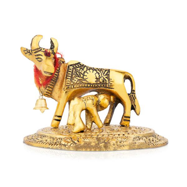 Cow and Calf Idol - 3.5 Inches | Aluminium Kamadhenu Statue/ Antique Finish Cow Calf Idol for Pooja