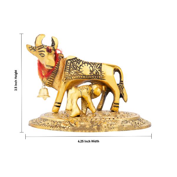 Cow and Calf Idol - 3.5 Inches | Aluminium Kamadhenu Statue/ Antique Finish Cow Calf Idol for Pooja