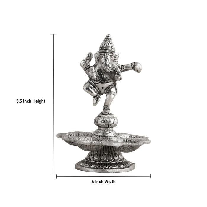 Dancing Ganesh with Deep - 5.5 Inches | 5 Face Vilakku/ Aluminium Lamp for Pooja/ 165 Gms Approx