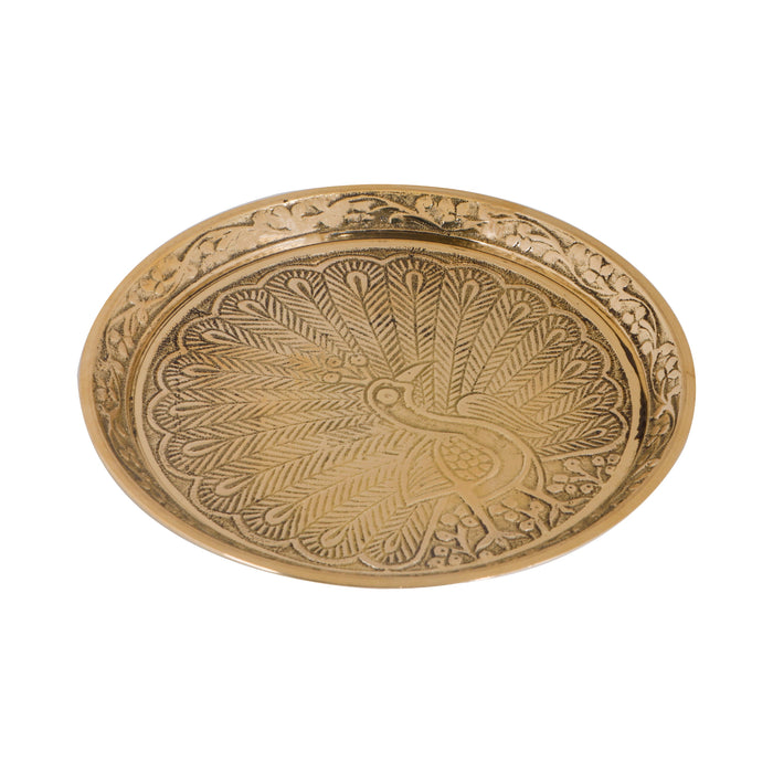 Brass Pin Tray - 7 Inches | Thali Plate/ Peacock Design Plate for Pooja/ 410 Gms Approx