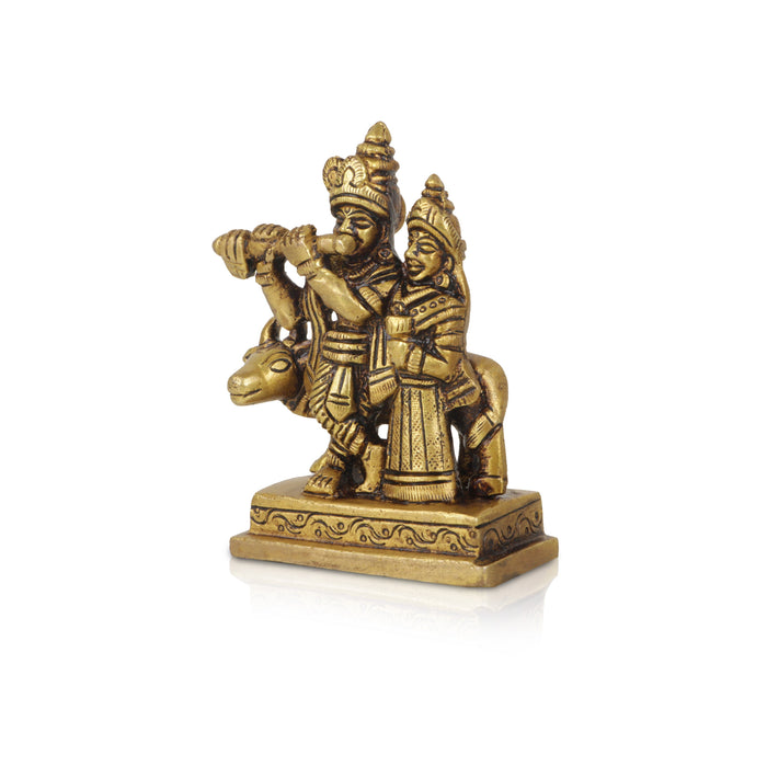 Radha Krishna Idol - 3.5 Inches | Brass Idol/ Antique Radha Krishna with Cow Statue for Pooja/ 350 Gms Approx