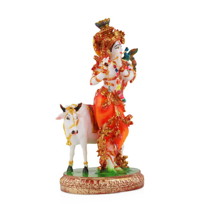 Krishna with Cow Statue - 11 Inches | Marble Dust Krishna Idol for Home Decor