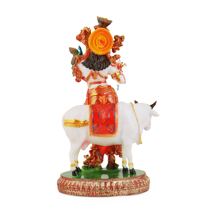 Krishna with Cow Statue - 11 Inches | Marble Dust Krishna Idol for Home Decor