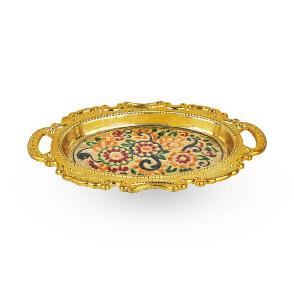 Golden Tray - 1 x 12 Inches | Oval Tray/ Pooja Thali/ Thali Plate for Home