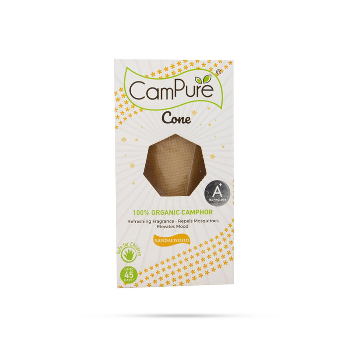 Campure Cone Sandalwood - 60 Gms | Organic Camphor/ Refreshing Fragrance - Repels Mosquitoes Elevates Mood