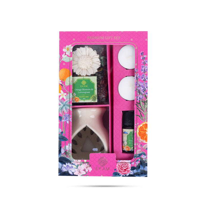 Home Fragrance Premium Gift Set | Orange Blossom&Lemongrass Reed Diffuser/Candle/Ceramic Oil Warmer Pot For Gifting - Room Freshener