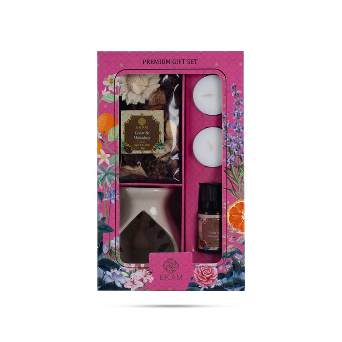 Home Fragrance Premium Gift Set | Cedar&Mahogany Reed Diffuser/T Light Candle/Ceramic Oil Warmer Pot For Gifting - Room Freshener