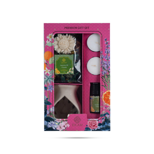 Home Fragrance Premium Gift Set | Jasmine&Freesia Reed Diffuser/T Light Candle/Ceramic Oil Warmer Pot For Gifting - Room Freshener