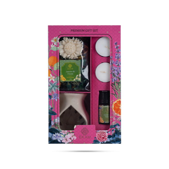 Home Fragrance Premium Gift Set | Jasmine&Freesia Reed Diffuser/T Light Candle/Ceramic Oil Warmer Pot For Gifting - Room Freshener