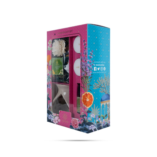 Home Fragrance Premium Gift Set | Jasmine&Freesia Reed Diffuser/T Light Candle/Ceramic Oil Warmer Pot For Gifting - Room Freshener