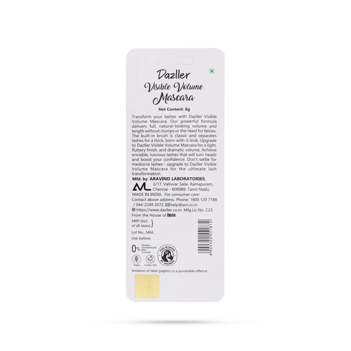 Dazller Visible Volume Mascara - 8 Gms | Volume & Lengthening / Eye Makeup / Defined Lashes & Smudge Proof