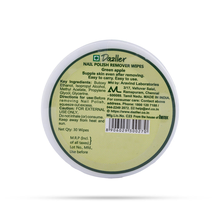 Dazller Nail Polish Remover Wipes - Green Apple - 30 Wipes | Instant Cleaning Pads / Quick Nail Color Removal