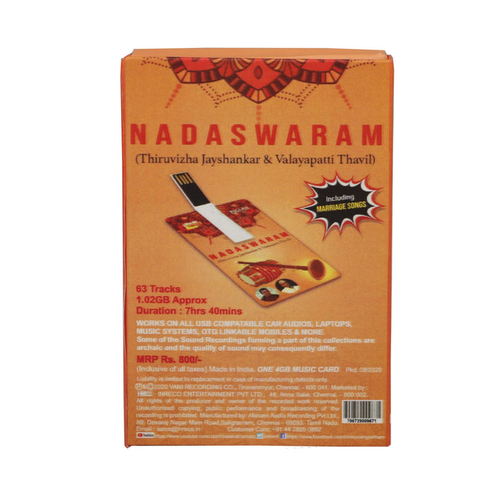 Nadaswaram USB Music Stick | Thiruvizha Jayshankar & Valayapatti Thavil Music Card For Devotional Listening - Music USB