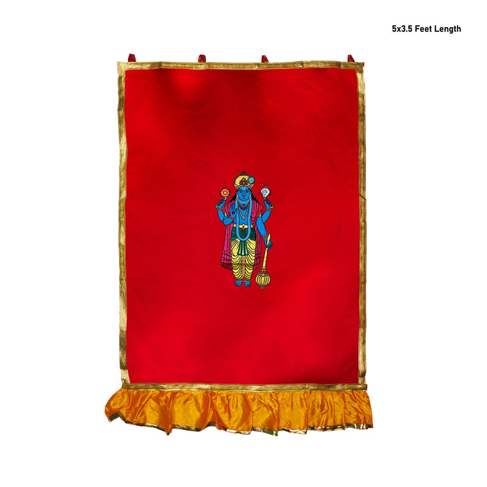 Vishnu Murti Design Pooja Screen- 5 X 3.5 Feet | Satin Curtain/ Temple Screen/ Decorative Curtain For Pooja Room - Deity Curtain