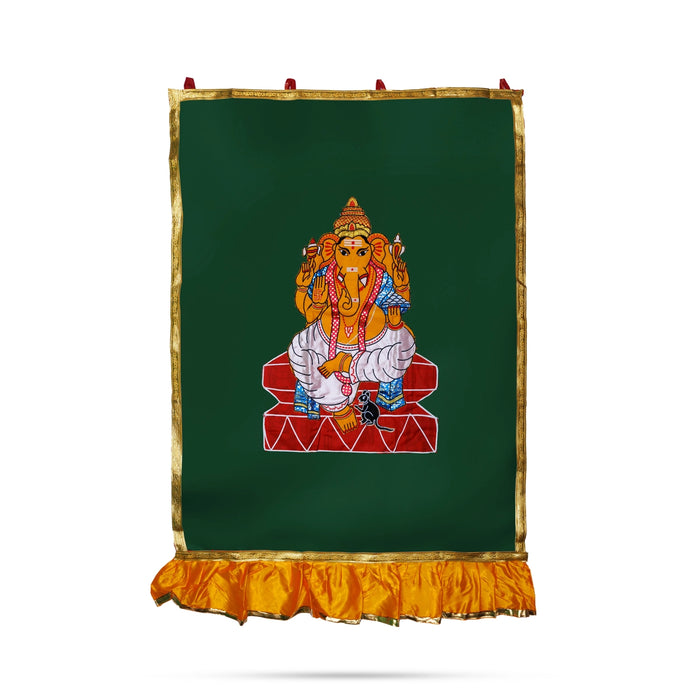 Ganesh Murti Design Pooja Screen- 5 X 3.5 Feet | Satin Curtain/ Temple Screen/ Decorative Curtain For Pooja Room - Deity Curtain