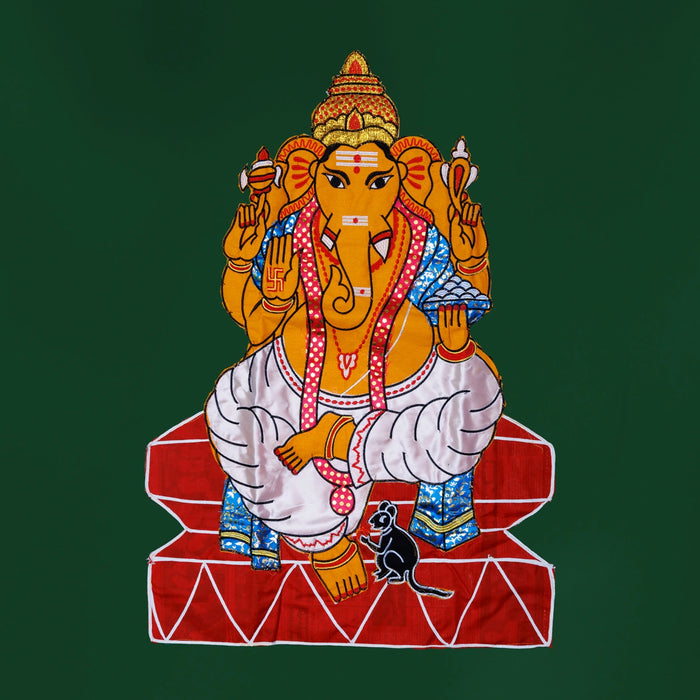 Ganesh Murti Design Pooja Screen- 5 X 3.5 Feet | Satin Curtain/ Temple Screen/ Decorative Curtain For Pooja Room - Deity Curtain