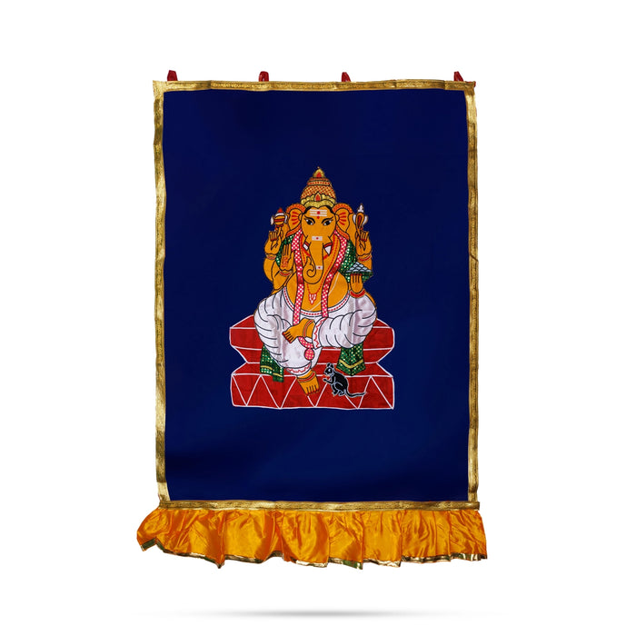 Ganesh Murti Design Pooja Screen- 5 X 3.5 Feet | Satin Curtain/ Temple Screen/ Decorative Curtain For Pooja Room - Deity Curtain