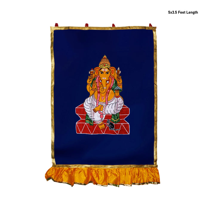 Ganesh Murti Design Pooja Screen- 5 X 3.5 Feet | Satin Curtain/ Temple Screen/ Decorative Curtain For Pooja Room - Deity Curtain